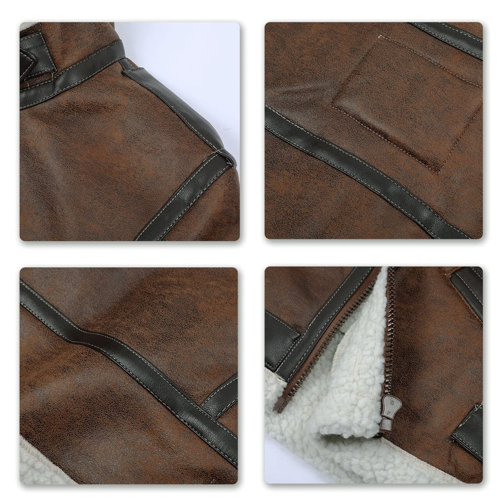 AOWOFS Men's Faux Leather Jacket Brown Motorcycle Bomber Shearling Suede Stand Collar