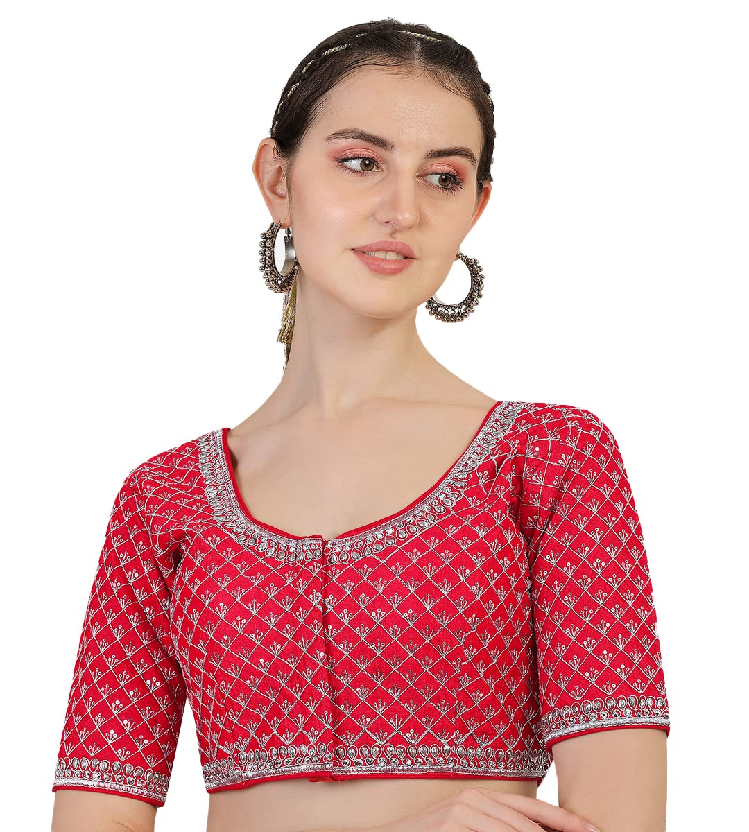 Pujia Mills Womens Heavy Silver Jari Thread Readymade Blouse for Saree Lehenga (Red, 38)