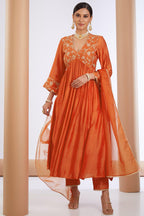 ANNI DESIGNER Womens Rayon Blend Anarkali Embroidered Kurta with Pant & Dupatta (KANAKAM Orange_XL_Orange_X-Large)