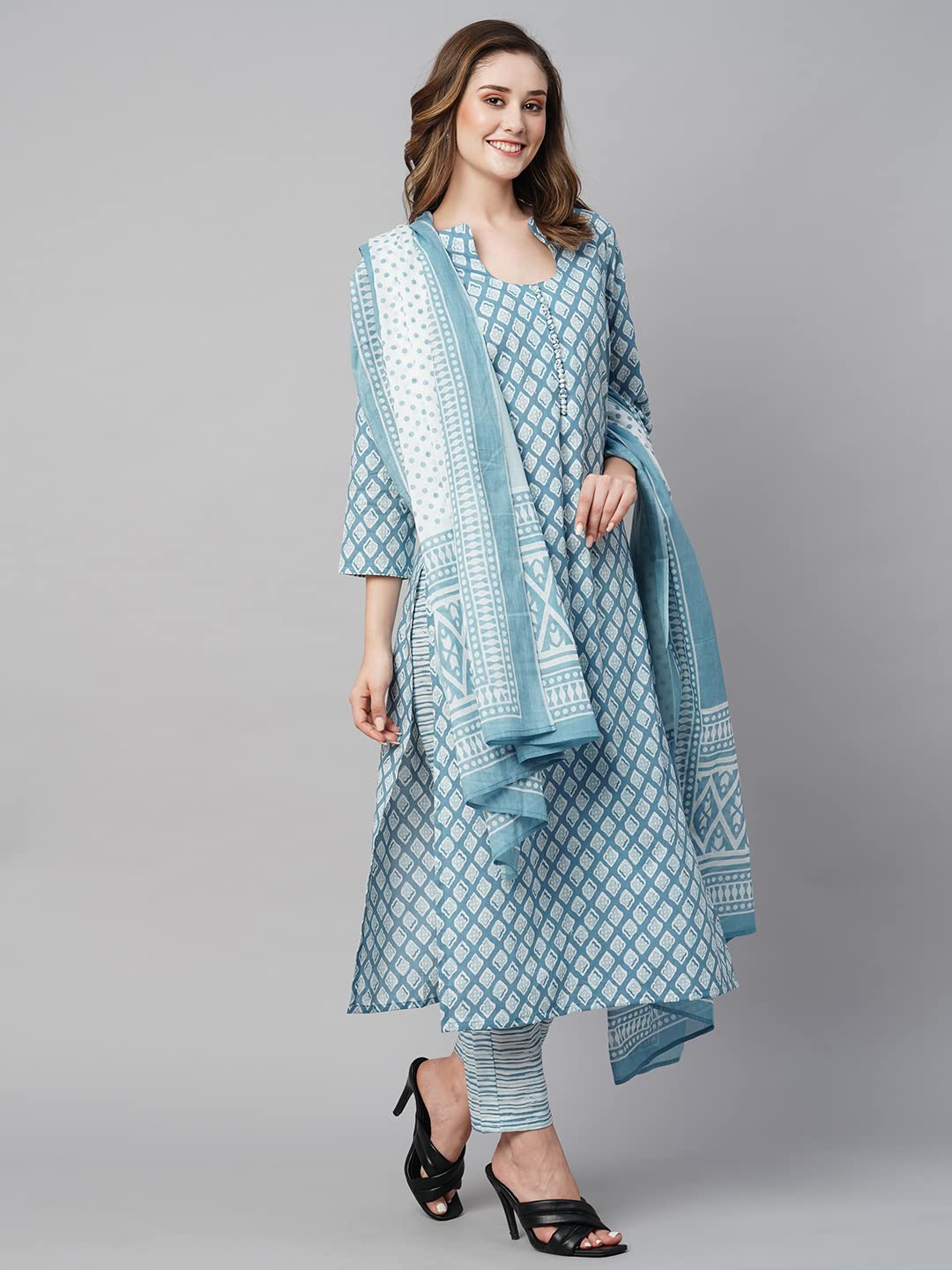 ANNI DESIGNER Women s Cotton Blend Kurta Set, Blue, XL