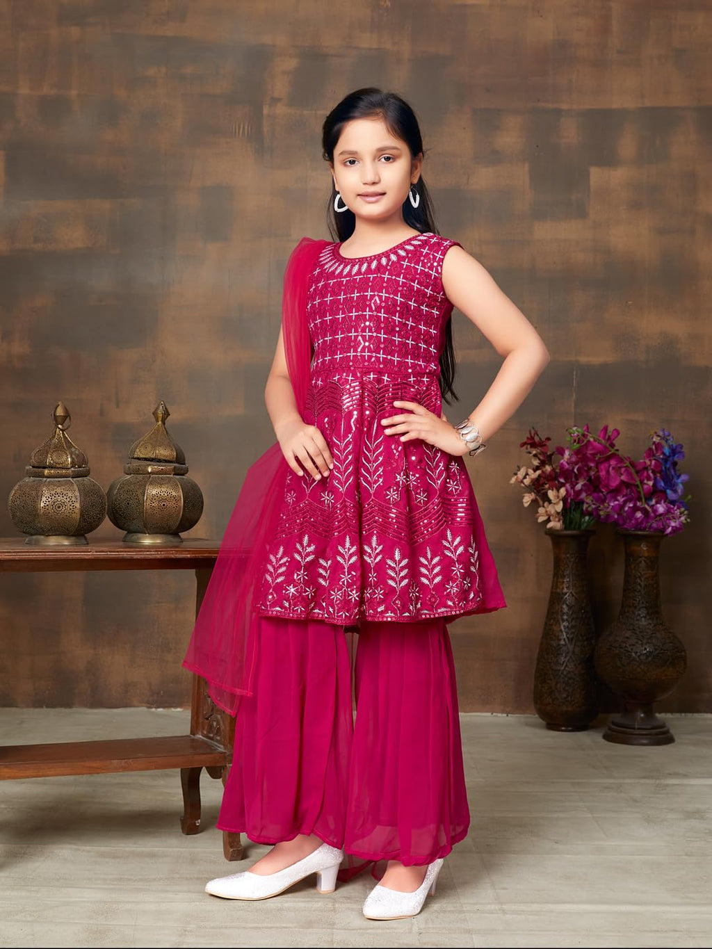 Aarika Girls Ethnic Wear Rani Colour Sequin Embroidery Georgette Kurti Sharara Set (4-10 Years)