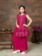Aarika Girls Ethnic Wear Rani Colour Sequin Embroidery Georgette Kurti Sharara Set (4-10 Years)