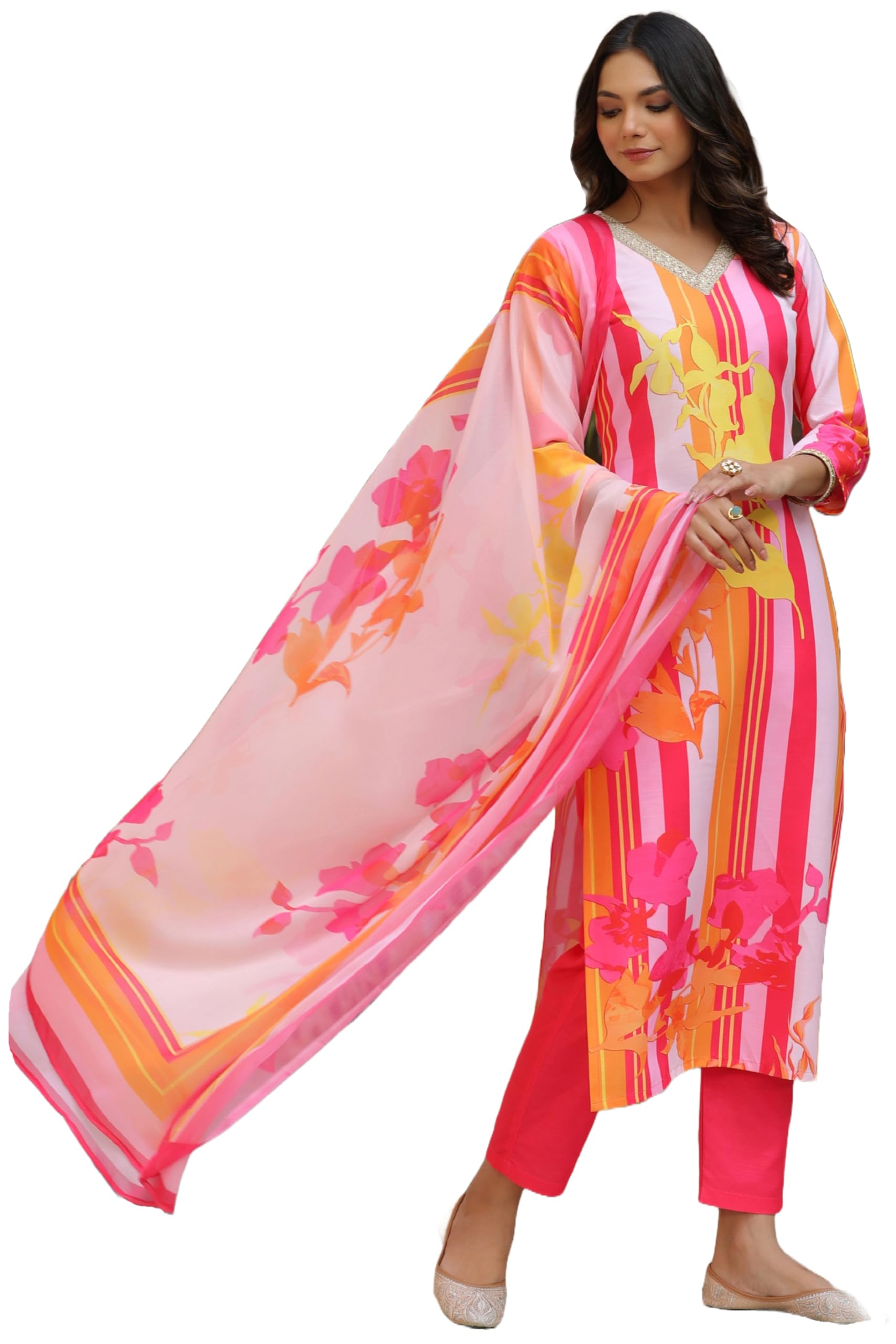 ANNI DESIGNER Womens Cotton Blend Straight Printed Kurta with Pant & Dupatta (Kapila Pink_M_Pink_Medium)