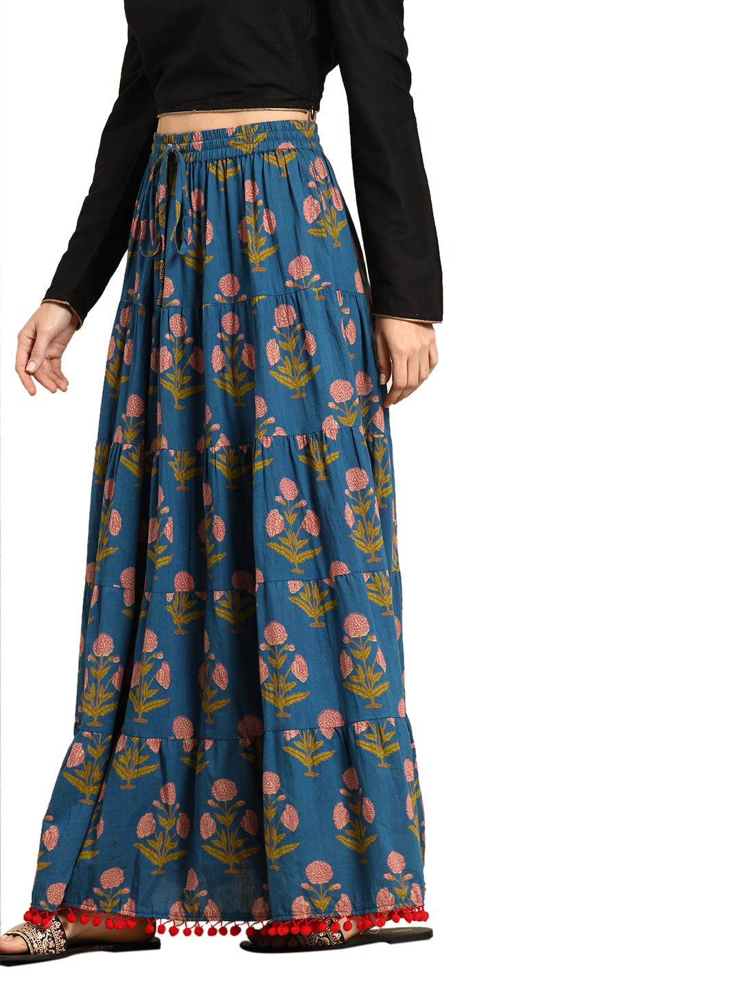 Varanga Blue & Red Printed Tiered Skirt with Pom Pom Detailing