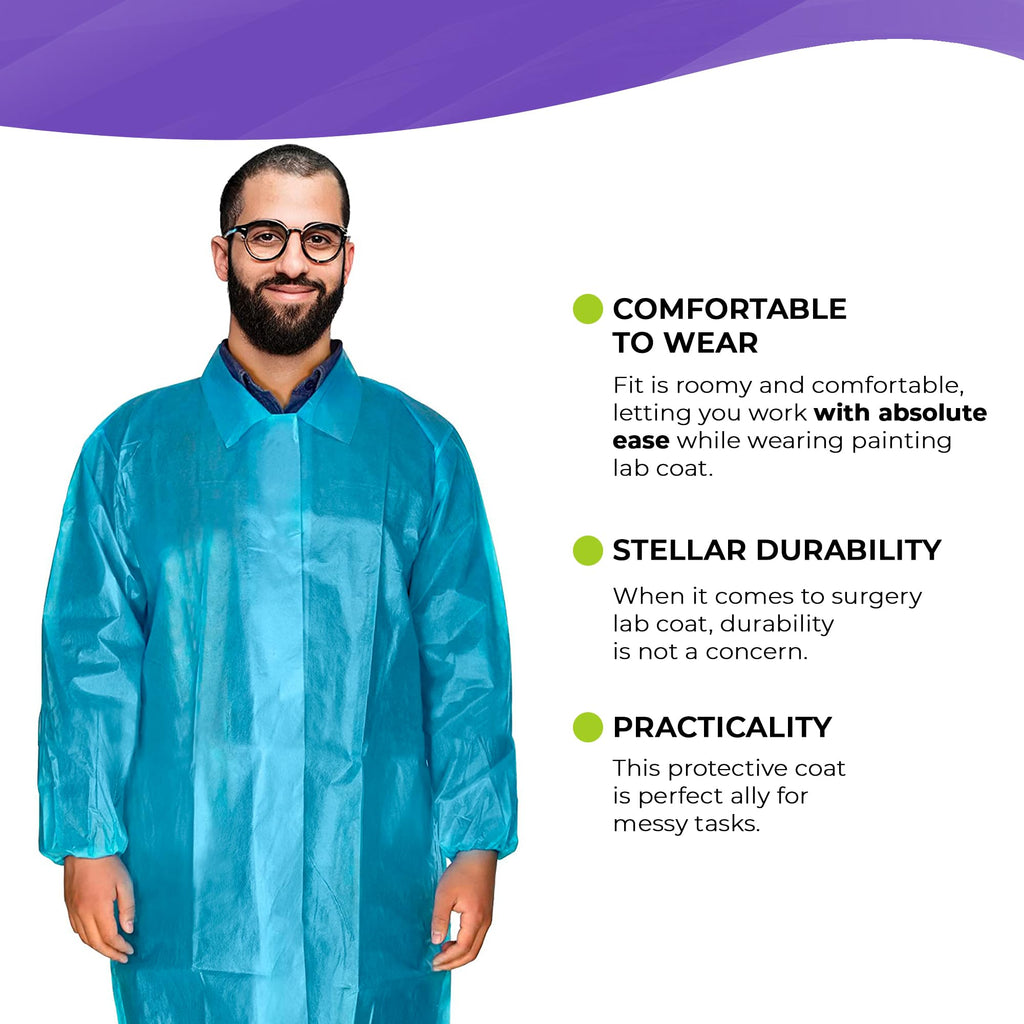 Disposable gowns Large Pack of 10 Blue Lab coat Men 40 gsm Polypropylene Polyethylene Surgical gowns with collar Loop Fastener L
