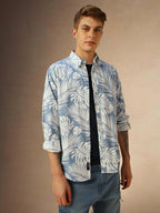 Dennis Lingo Men Blue Printed Cotton Regular Fit Full Sleeve Button Down Collar Casual Shirt