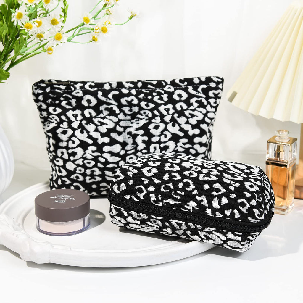 SOIDRAM 2 Pieces Leopard Print Makeup Bag Large Cosmetic Bag Capacity Canvas Mix Travel Toiletry Bag Organizer Cute Makeup Brush