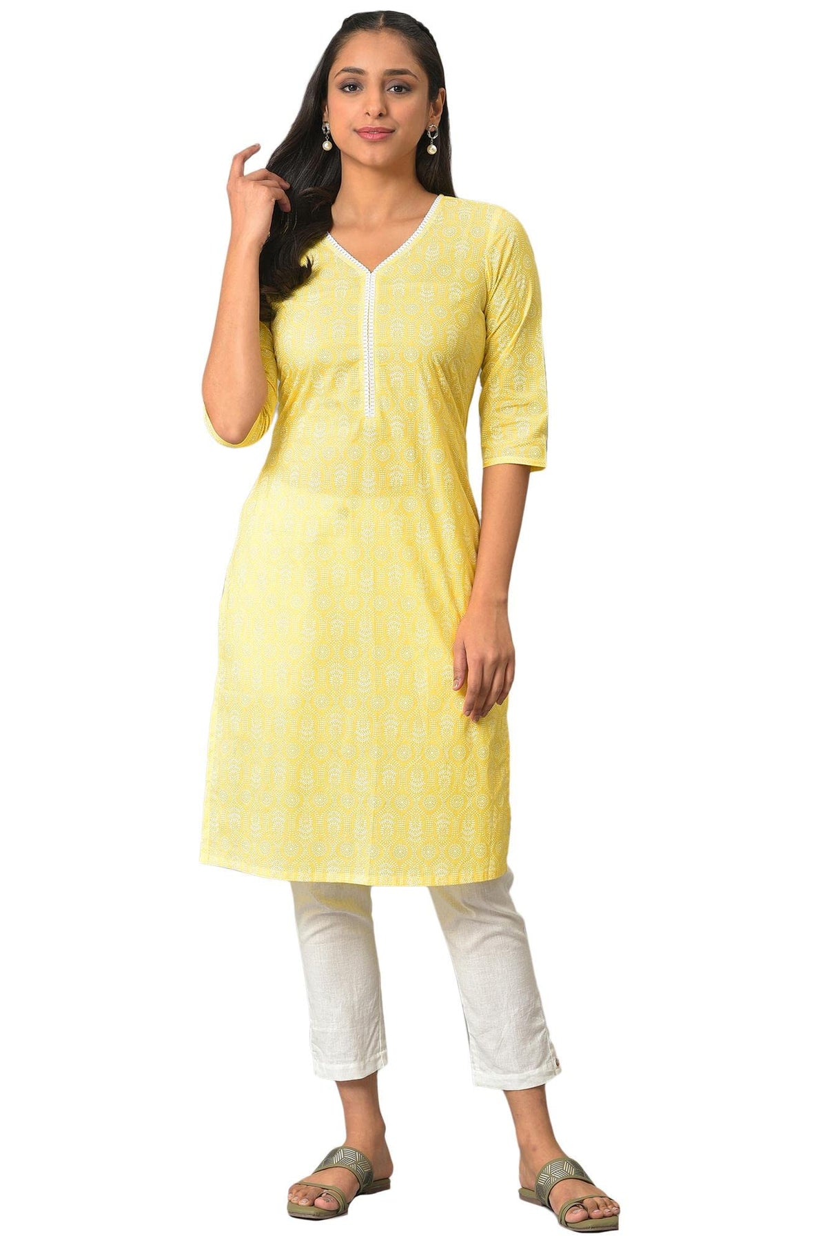 Yellow Floral Printed V-Neck Kurta