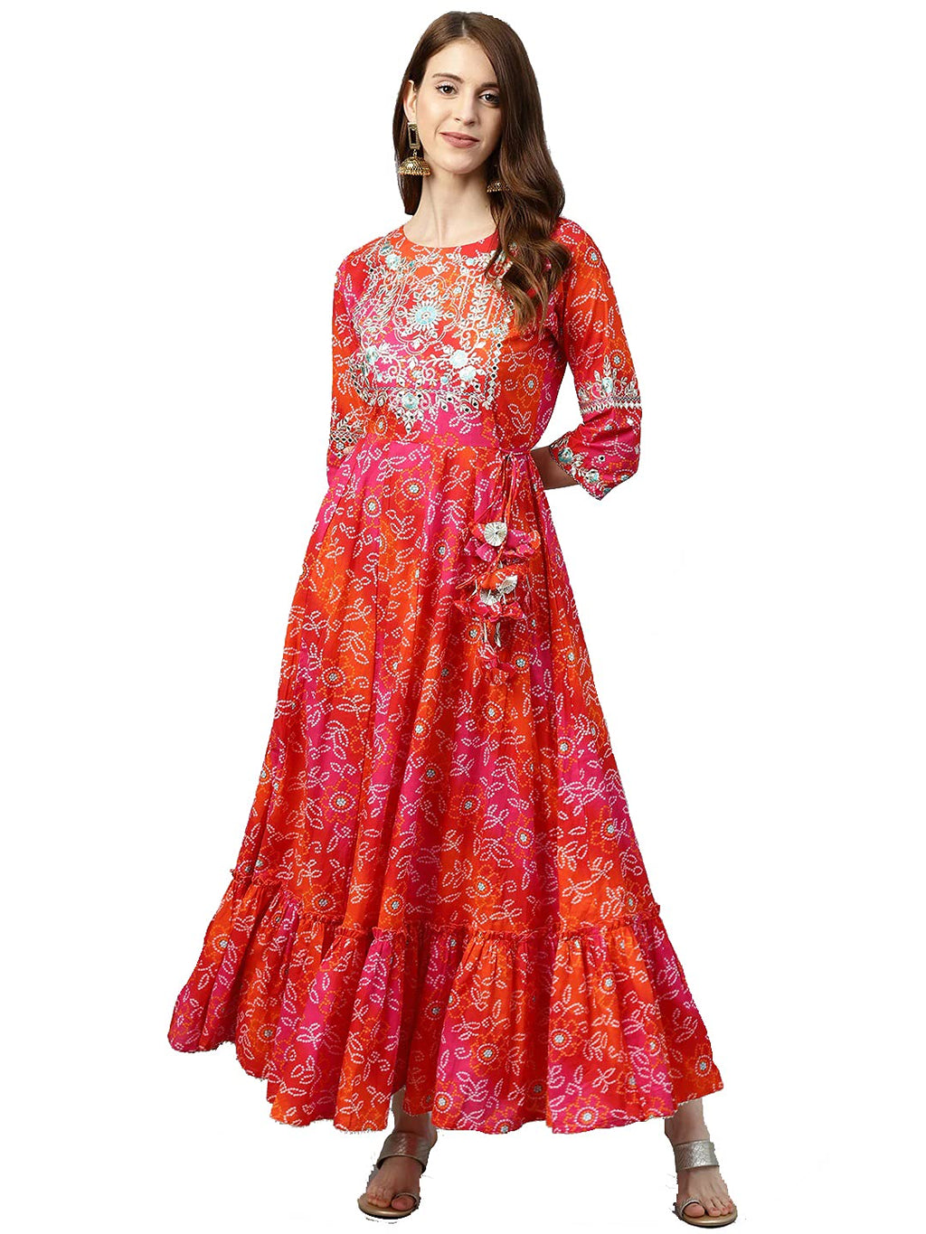 Rytras WomenS Cotton Printed Anarkali Embroidery Kurti(Red & Orange,S)