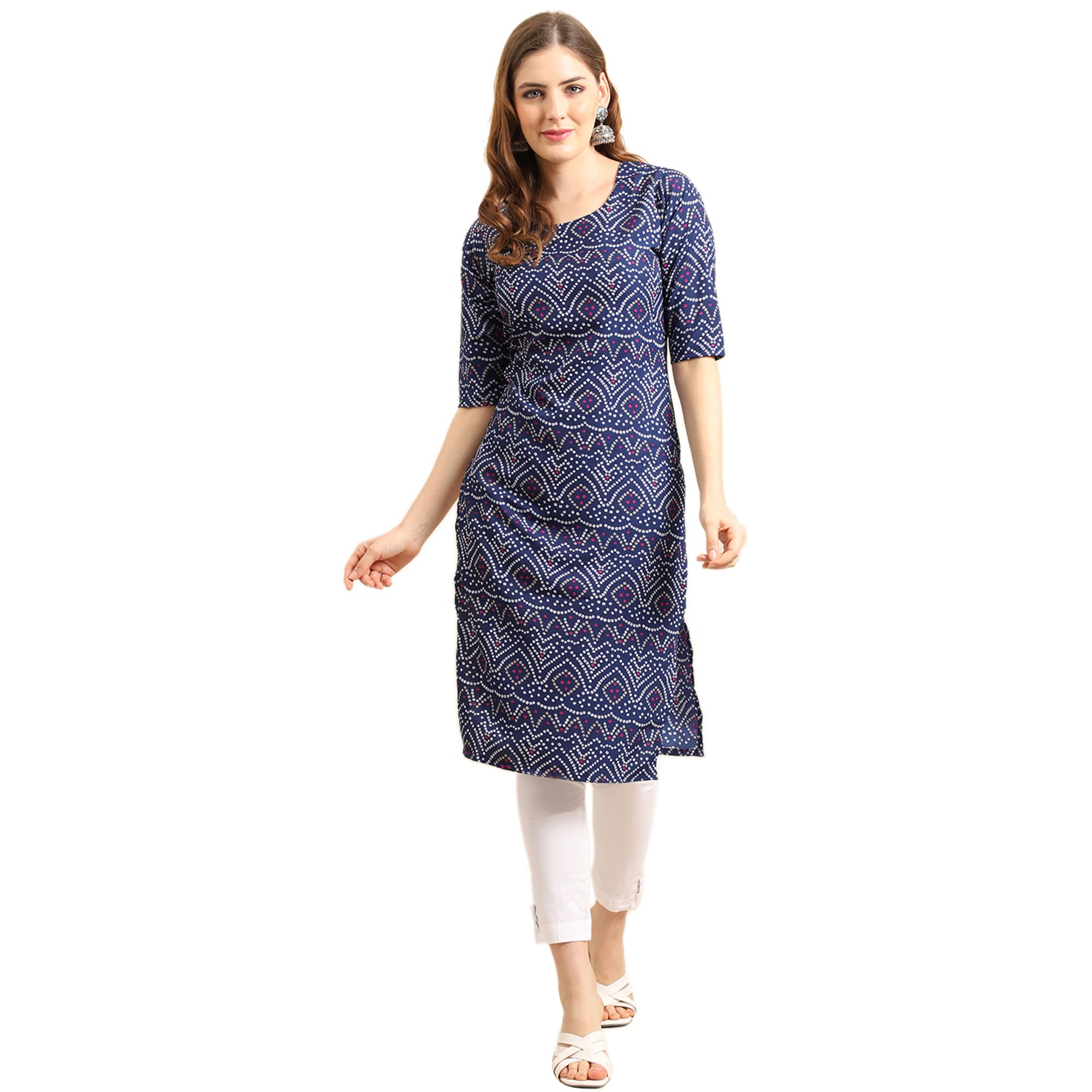 Pinkmint Womens Crepe Blue Color Bandhani Printed Straight Kurti (530375-S)