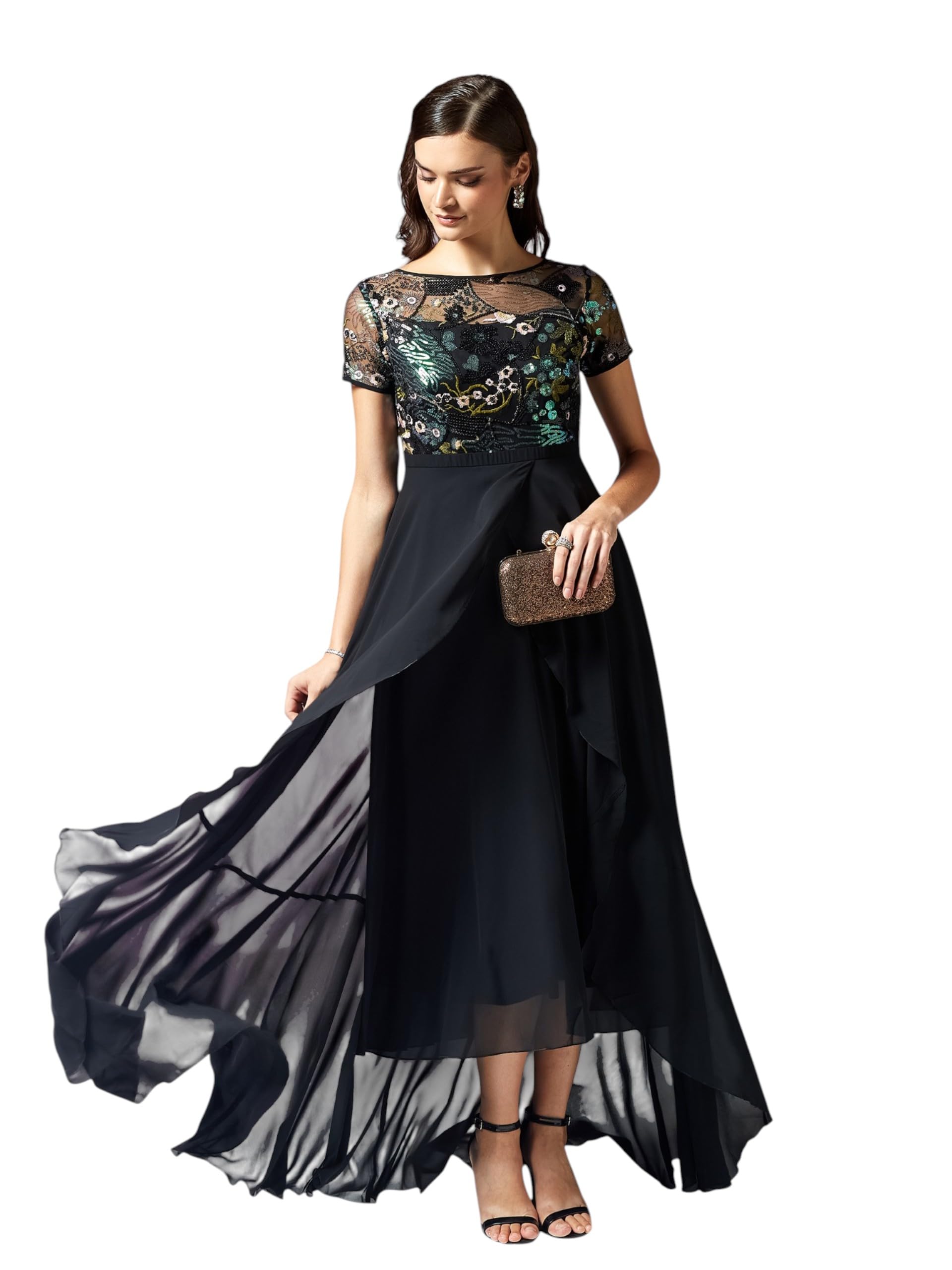 Miss Chase Womens Round Neck Short Sleeve Floral Layered Georgette Midi Dress (MCSS23D13-78-171-06, Multicolored Base Black, XL)