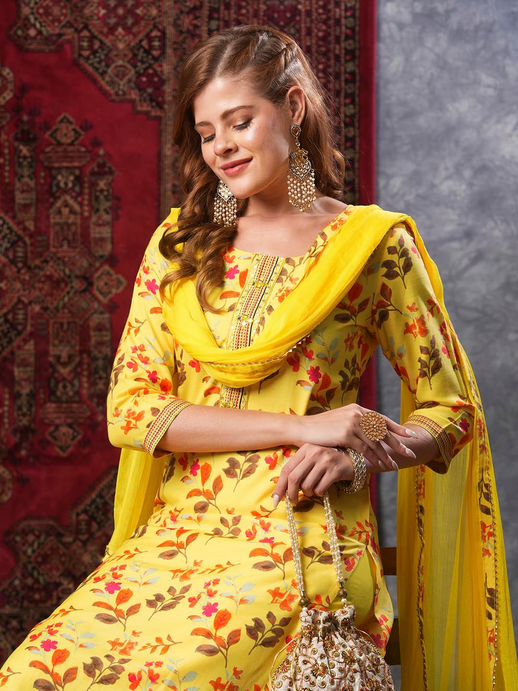 ANNI DESIGNER Ladies Cotton Blend Dupatta Kurta Trousers, yellow, XXL