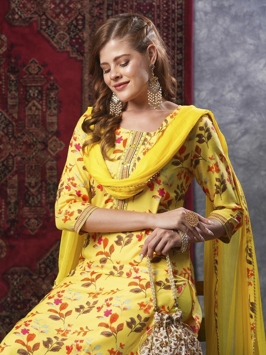 ANNI DESIGNER Ladies Cotton Blend Dupatta Kurta Trousers, yellow, XXL