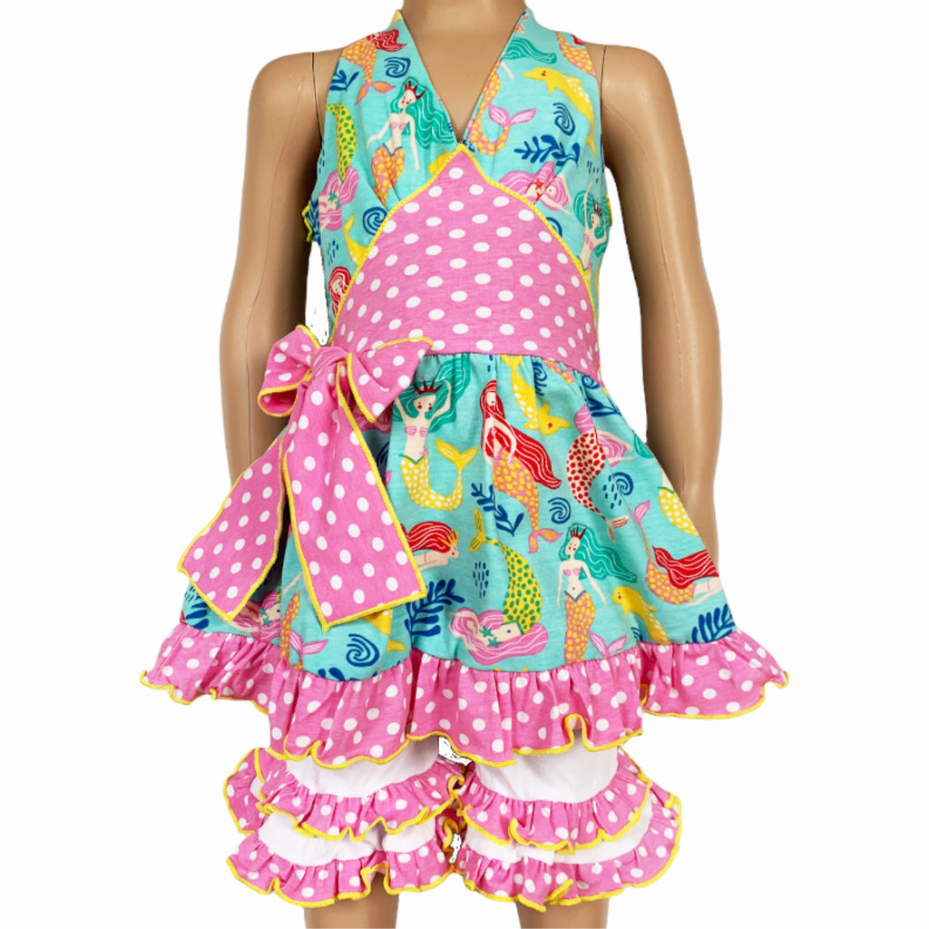 AnnLoren Girls' Mermaid Halter Dress & White Ruffle Shorts Boutique Set