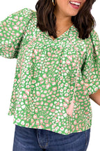 Green Plus Size Leopard Tassel Tie Split Neck Puff Sleeve Blouse