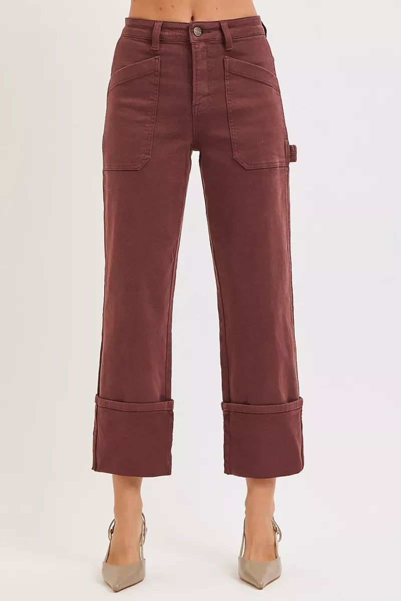 RISEN Full Size High Rise Wide Straight Cuffed Patch Jeans Plus Size