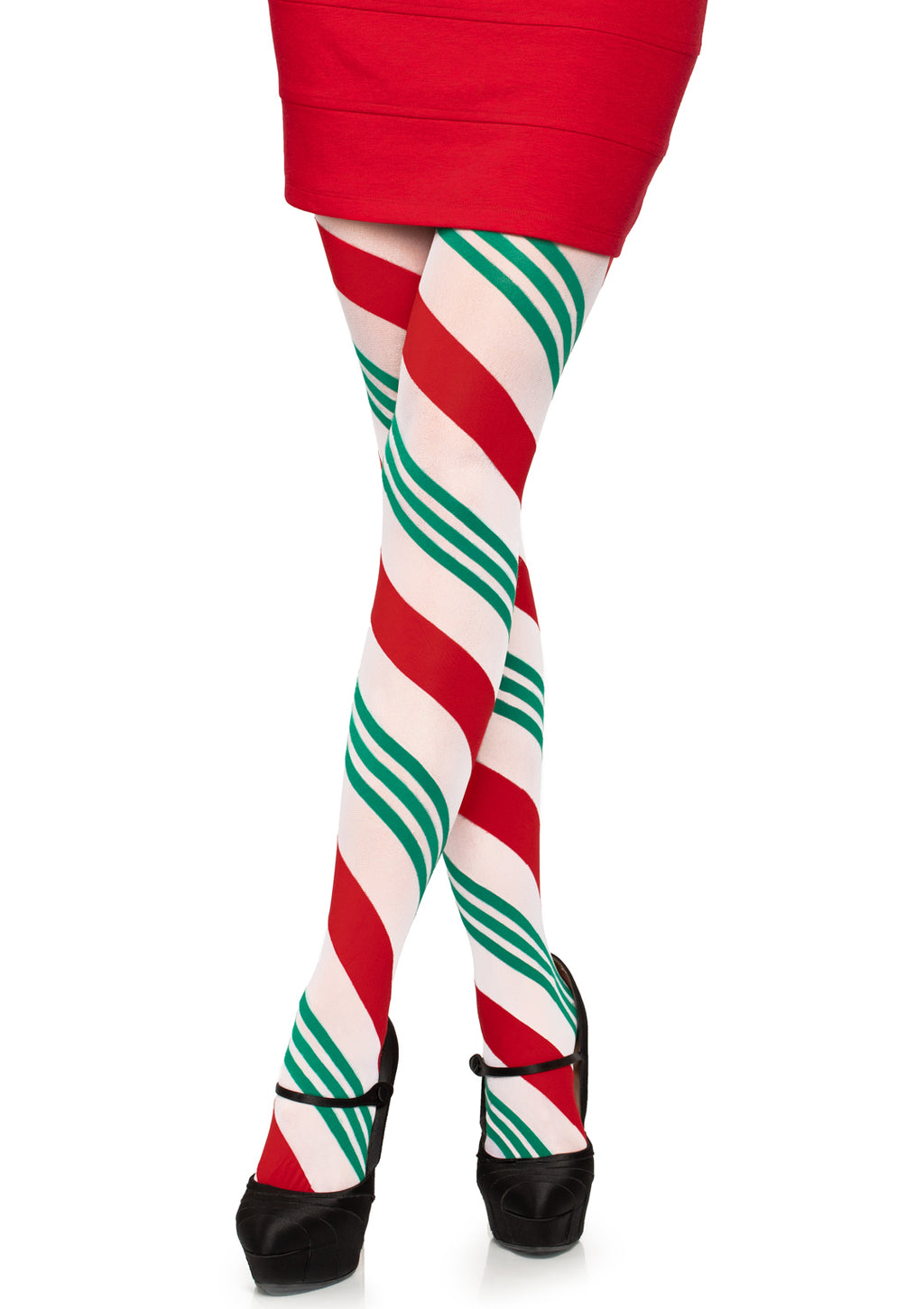Leg Avenue Holiday ribbon striped tights. Green/Red Color