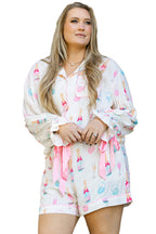 White Plus Size Wine Glass Print Bow Knot Pajama Set