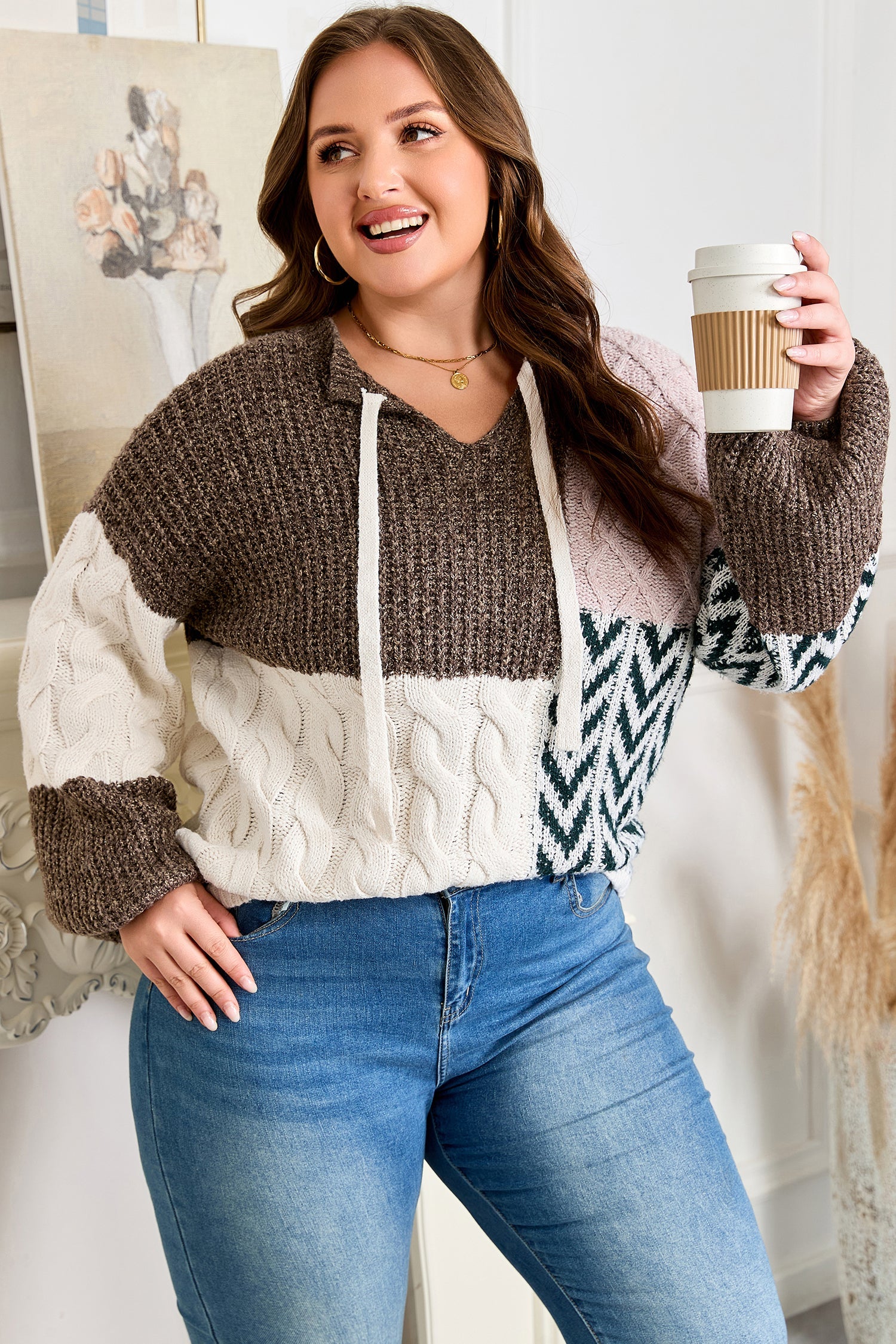Brown Plus Size Color Block Patchwork Knotted Back Loose Fit Sweater
