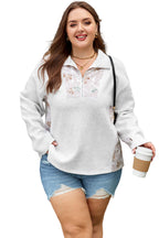 Gray Camo Leaves Patchwork Zipped Collar Pullover Plus Size Sweatshirt
