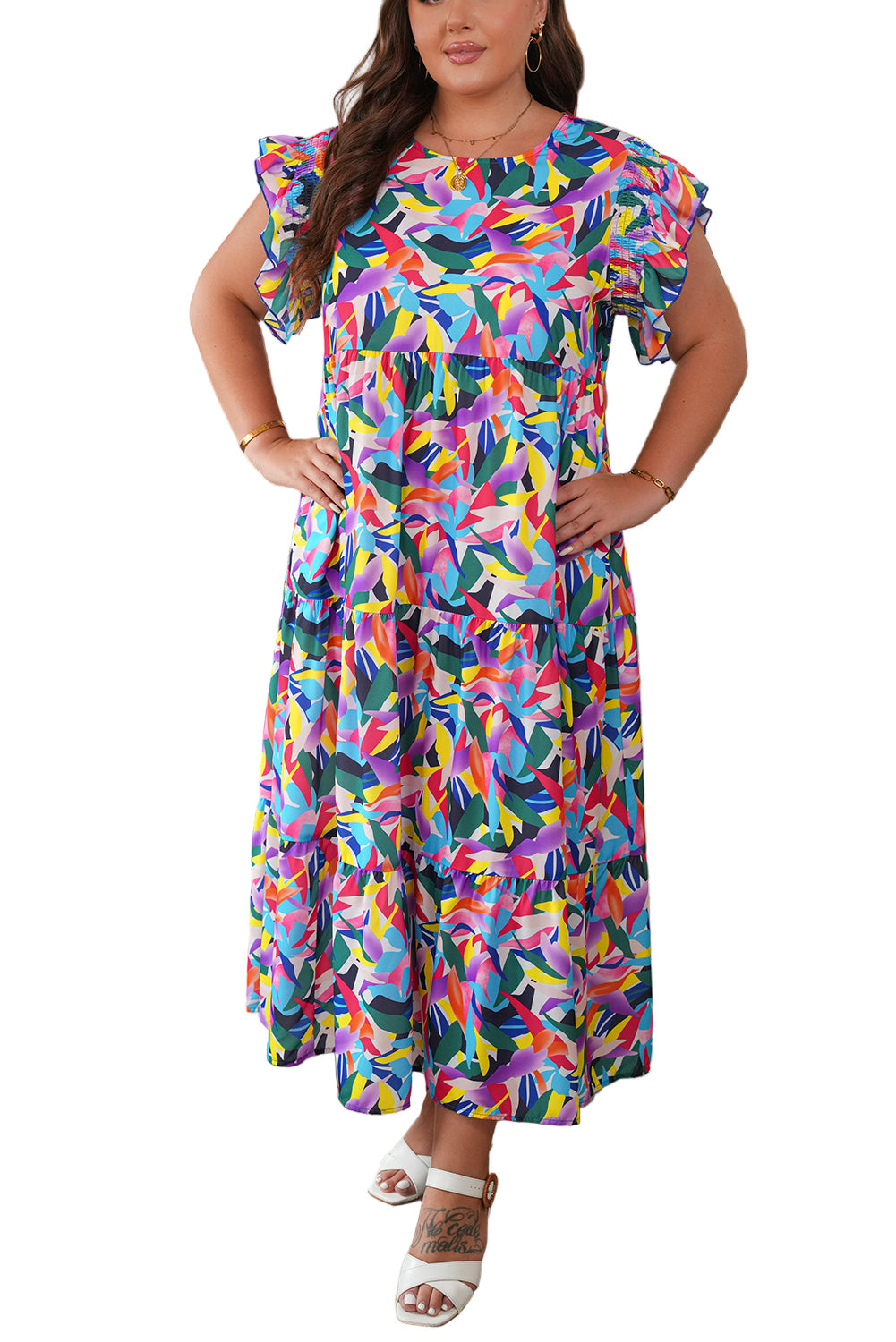 Blue Geometric Print Ruffled Short Sleeve Plus Size Tiered Maxi Dress