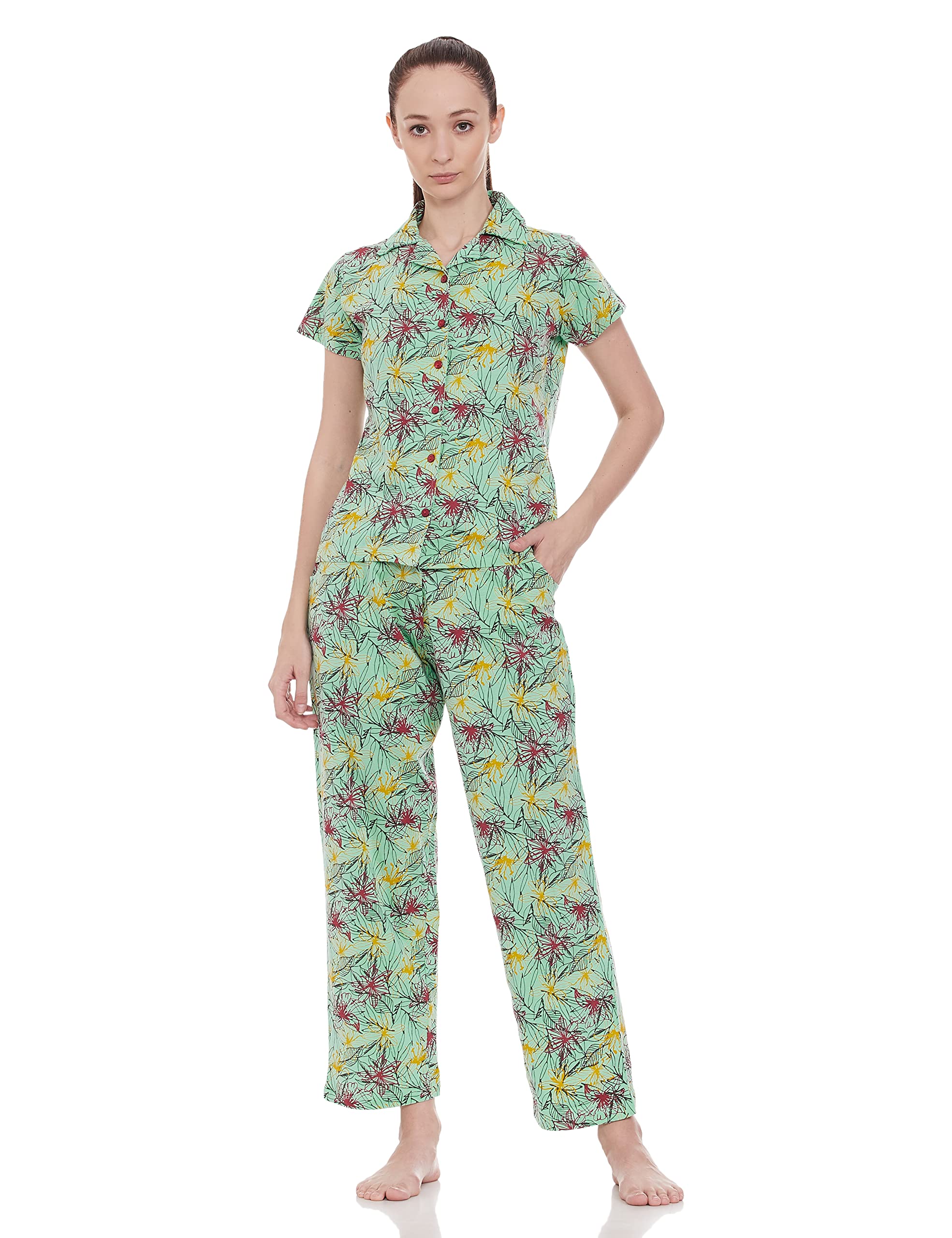 Clovia Womens Cotton Printed Pajama Pajama Set (Ls0025A11S_Green), Small