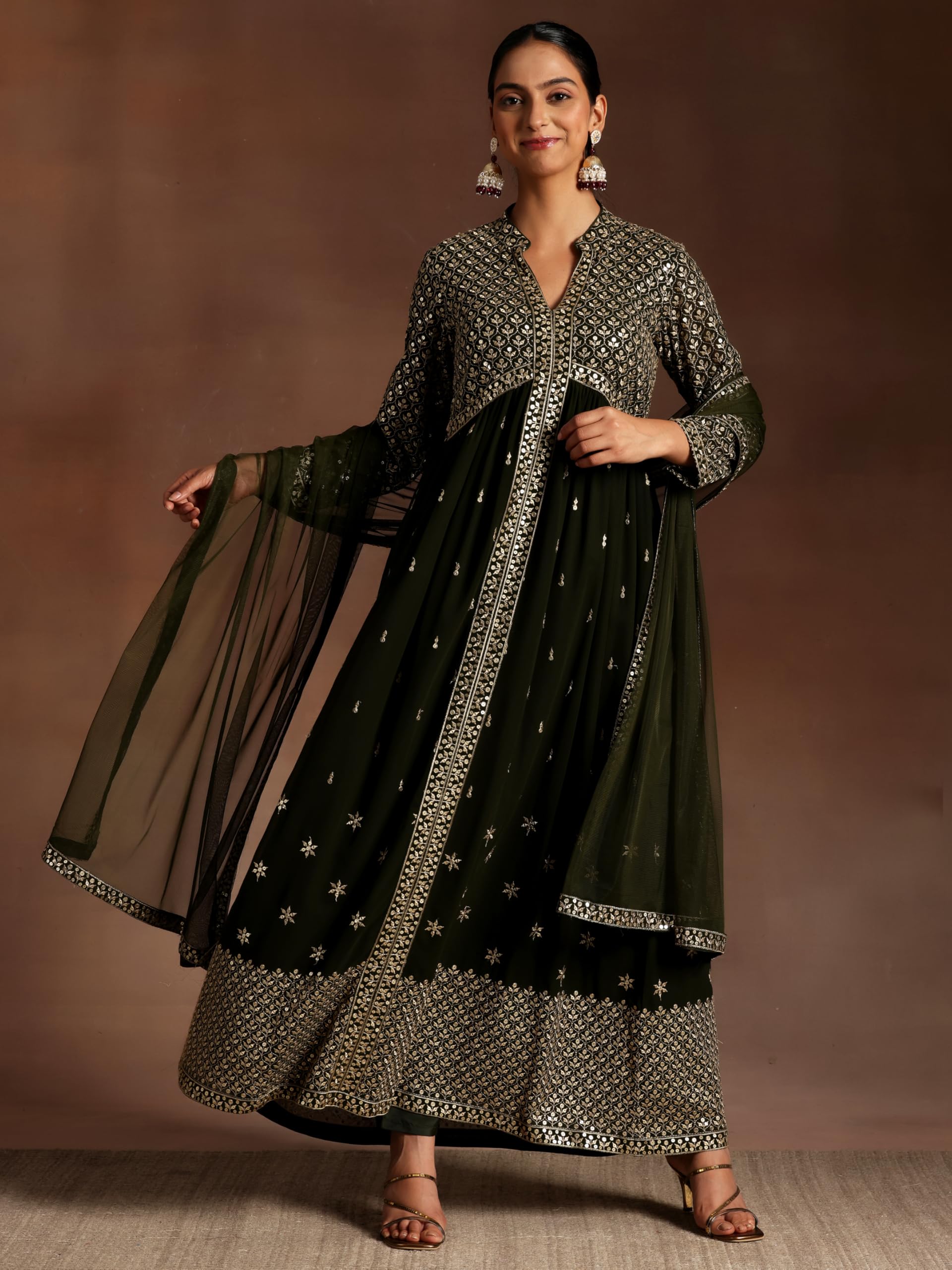 Libas Womens Embroidered Georgette A-Line Kurta With Trousers And Dupatta