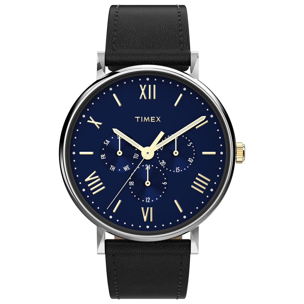 Timex Men's Southview Multifunction 41mm Watch - Silver-Tone Case Blue Dial with Black Genuine Leather Strap