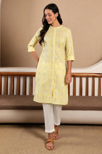 W Light Green Geometric Printed Cotton Regular Kurta For Women