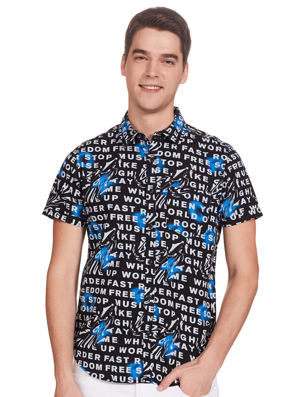 Ketch Men Cotton Letter Print Straight Fit Shirt (Khsh000806_Black/White L)