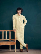 Vardha MenS Viscose Sequin Embellished Stitched Kurta, White Pattern Thread Work Mandarin Collar Long Sleeves Straight Kurta, A