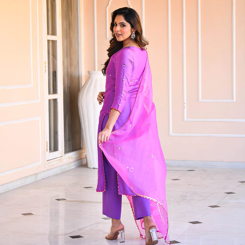 ANNI DESIGNER Womens Cotton Blend Mirror Work Straight Kurta with Pant & Dupatta (Mirror-Purple_L_Purple_Large)