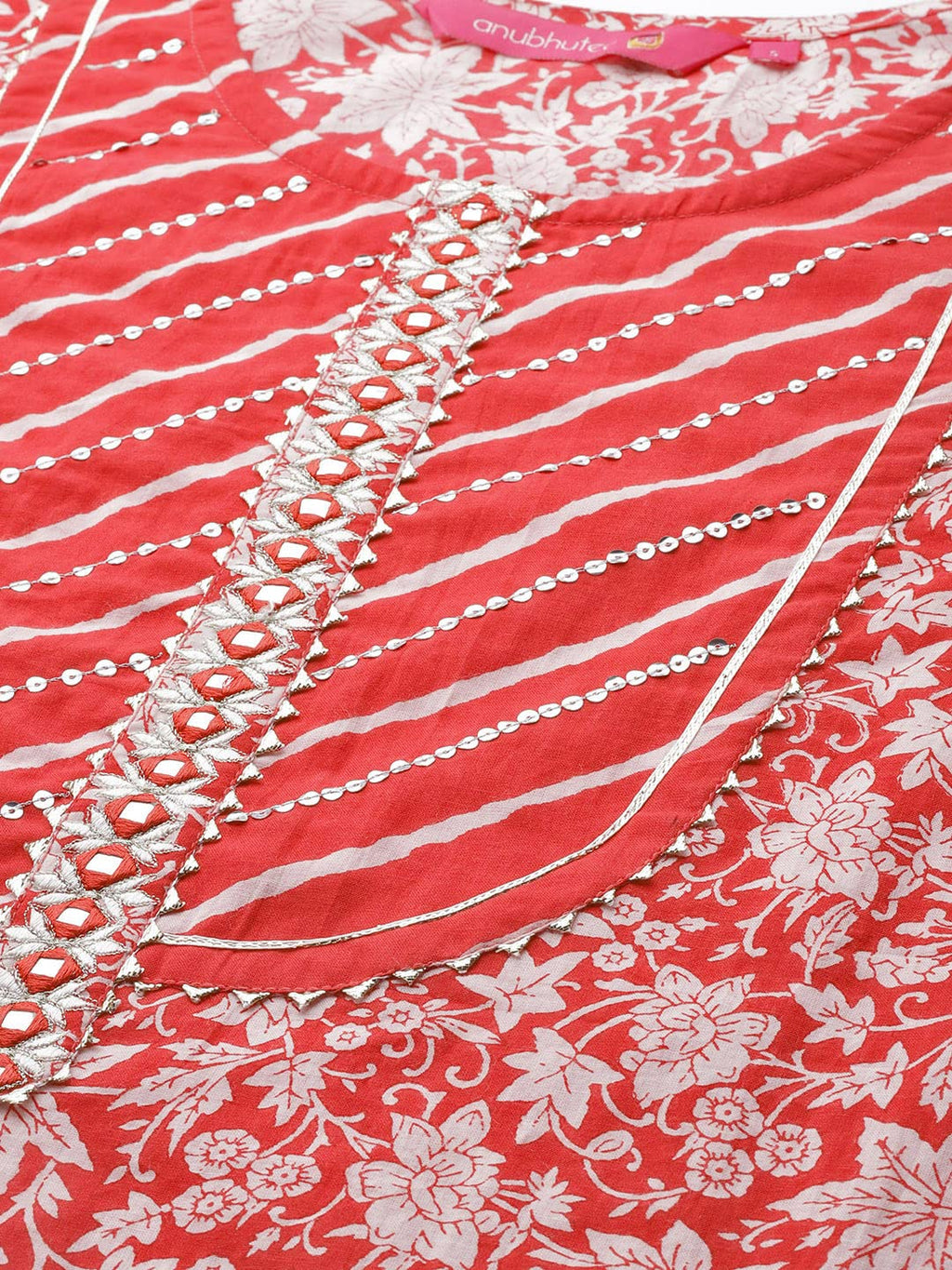 Anubhutee Women'S Cotton Red Gota Patti Work Floral Printed Straight Kurta Suit Set With Pants