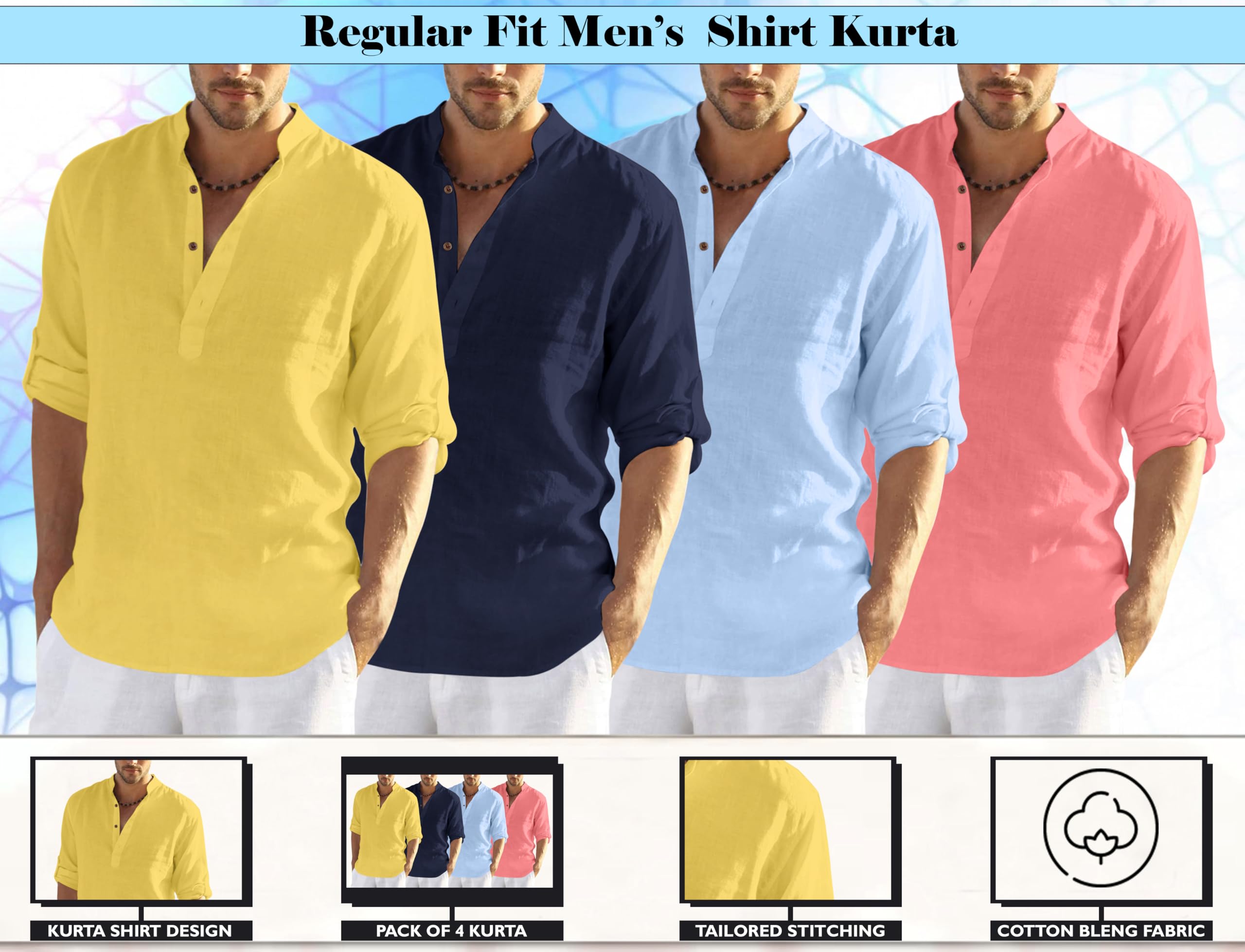Zombom MenS Cotton Blend Solid Full Sleeve Regular Fit Kurta Shirt, Multicolor, M, Combo Set Of 4