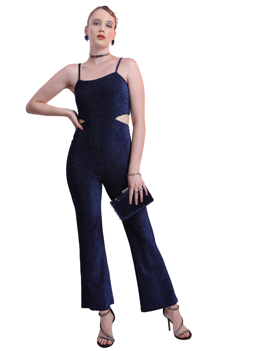 Ketch Polyester Blend Womens Fashion Wear Party Fit Jump Suit Standard Length Dress (Khjs000026_Blue/Black_Xl)