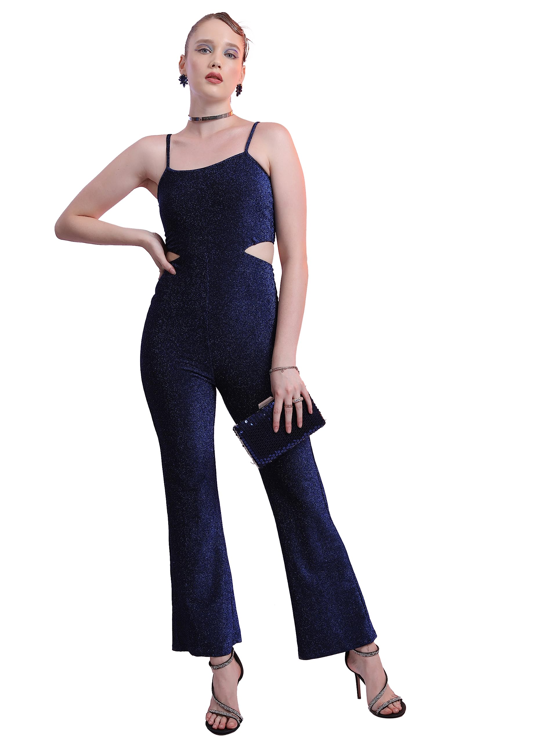 Ketch Polyester Blend Womens Fashion Wear Party Fit Jump Suit Standard Length Dress (Khjs000026_Blue/Black_Xl)