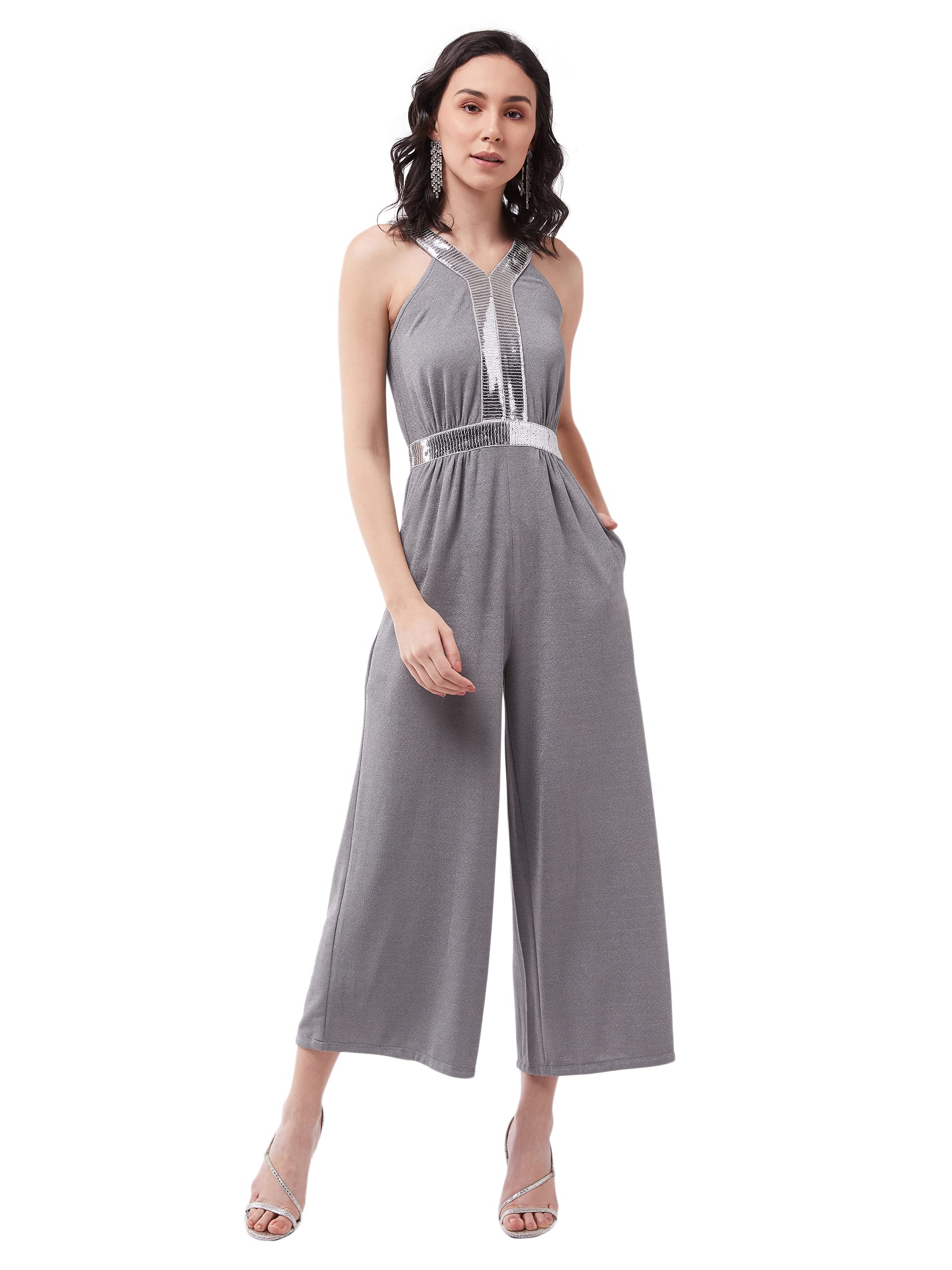 Miss Chase Womens Gray Solid Relaxed Fit V-Neck Sleeveless Regular Length Elasticated Jumpsuit (MCSS21D04-80-202-06,Silver Gray