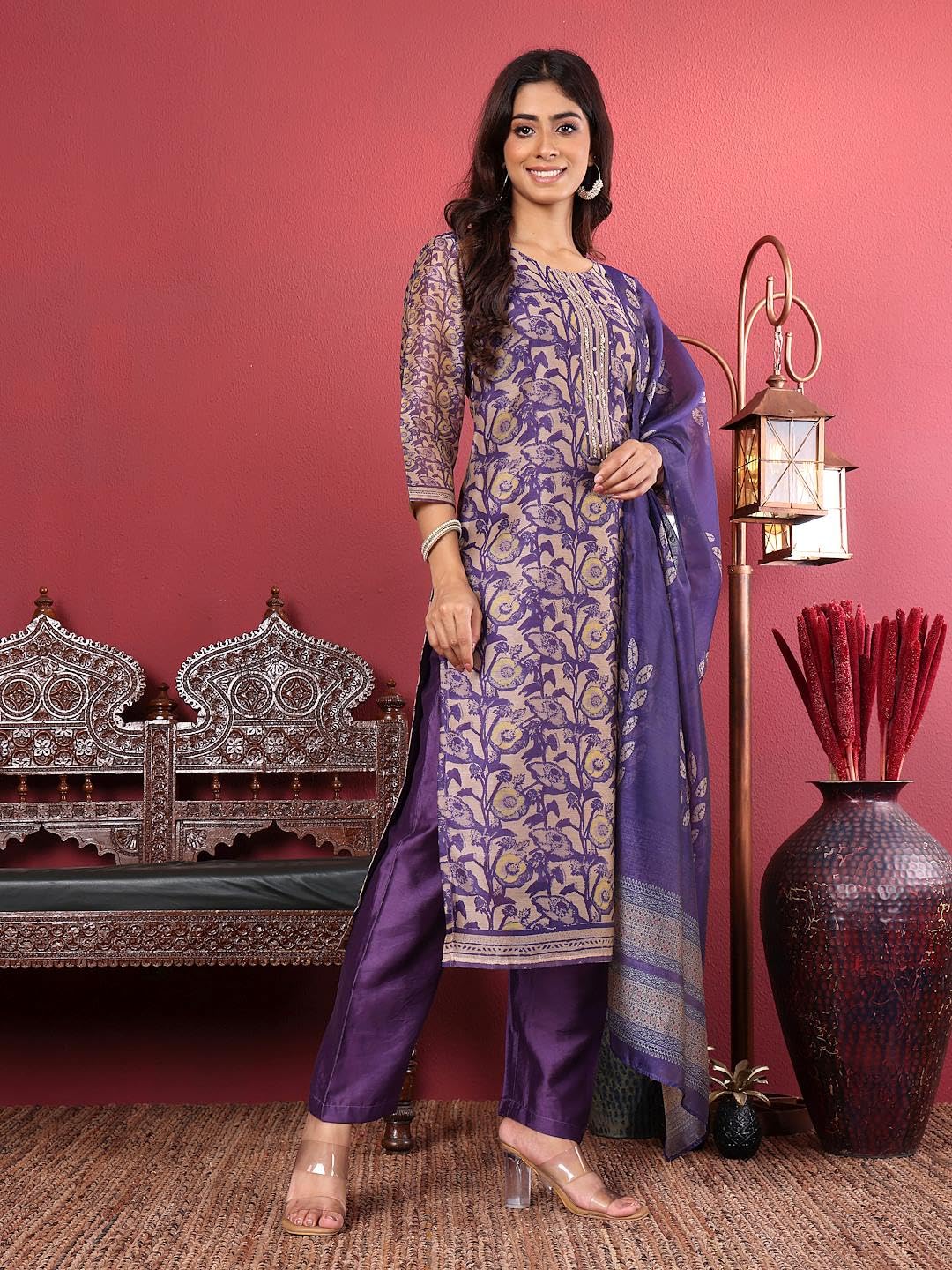 Varanga WomenS Purple Floral Printed Straight Kurta Set