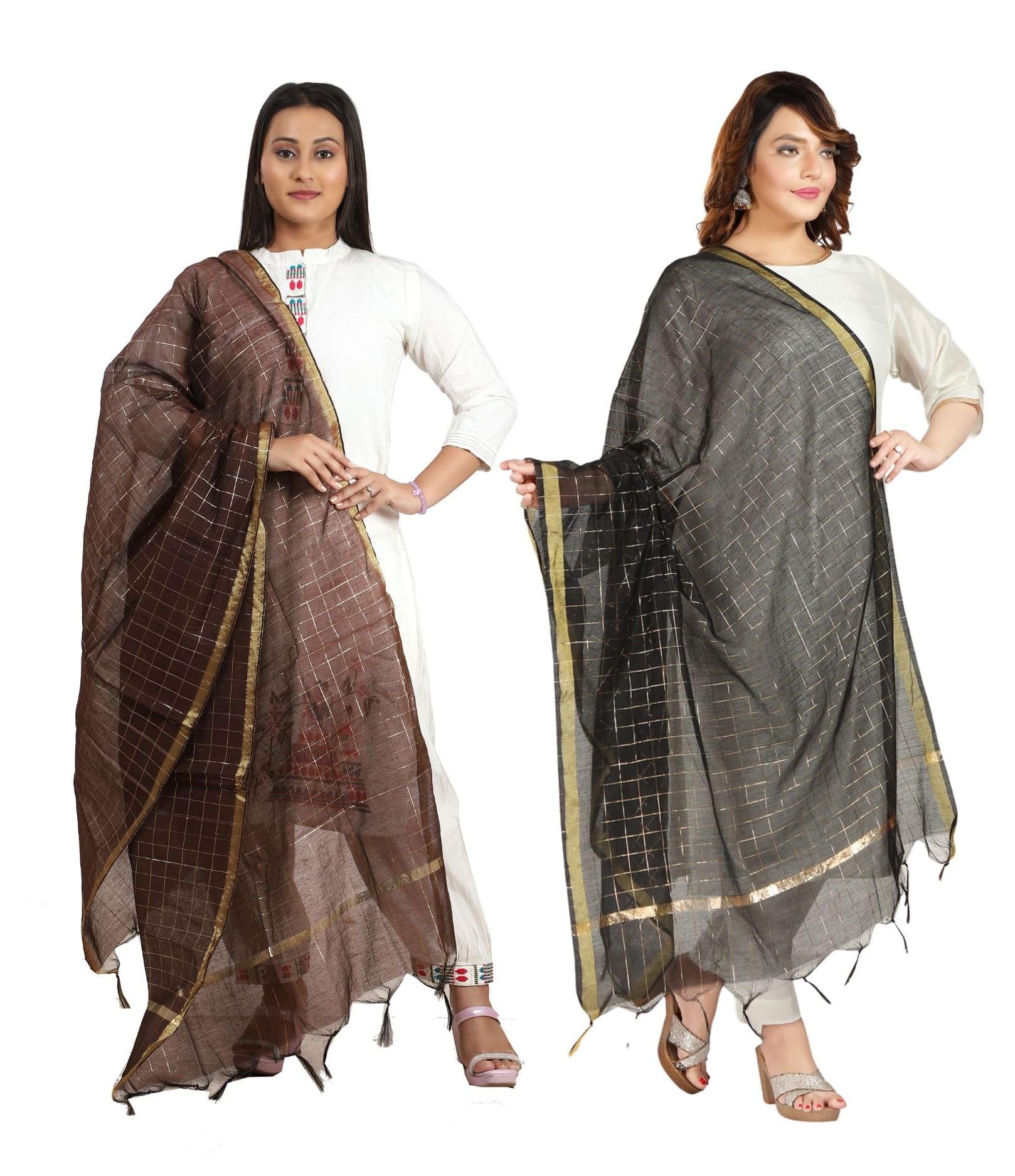 Fabme Women'S Checkered Dupatta With Embellish Golden Border Chocolate, Black - Pack Of 2