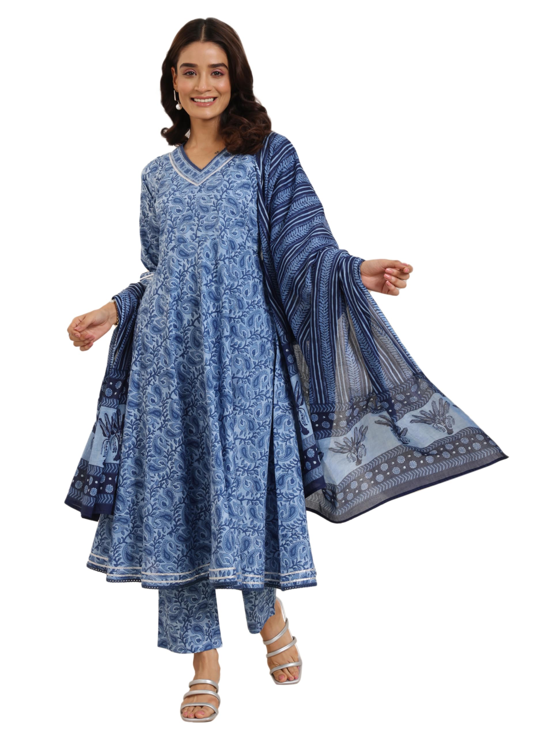 Blue Floral Printed Anarkali Kurta With Pocket And Floral Printed Trouser And Dupatta