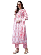 Yashika Women's Printed Cotton Blend Flared White & Pink Color Angrakha Style Lace Kurta Palazzo Set with Dupatta||AZ-YS-P1-KS20