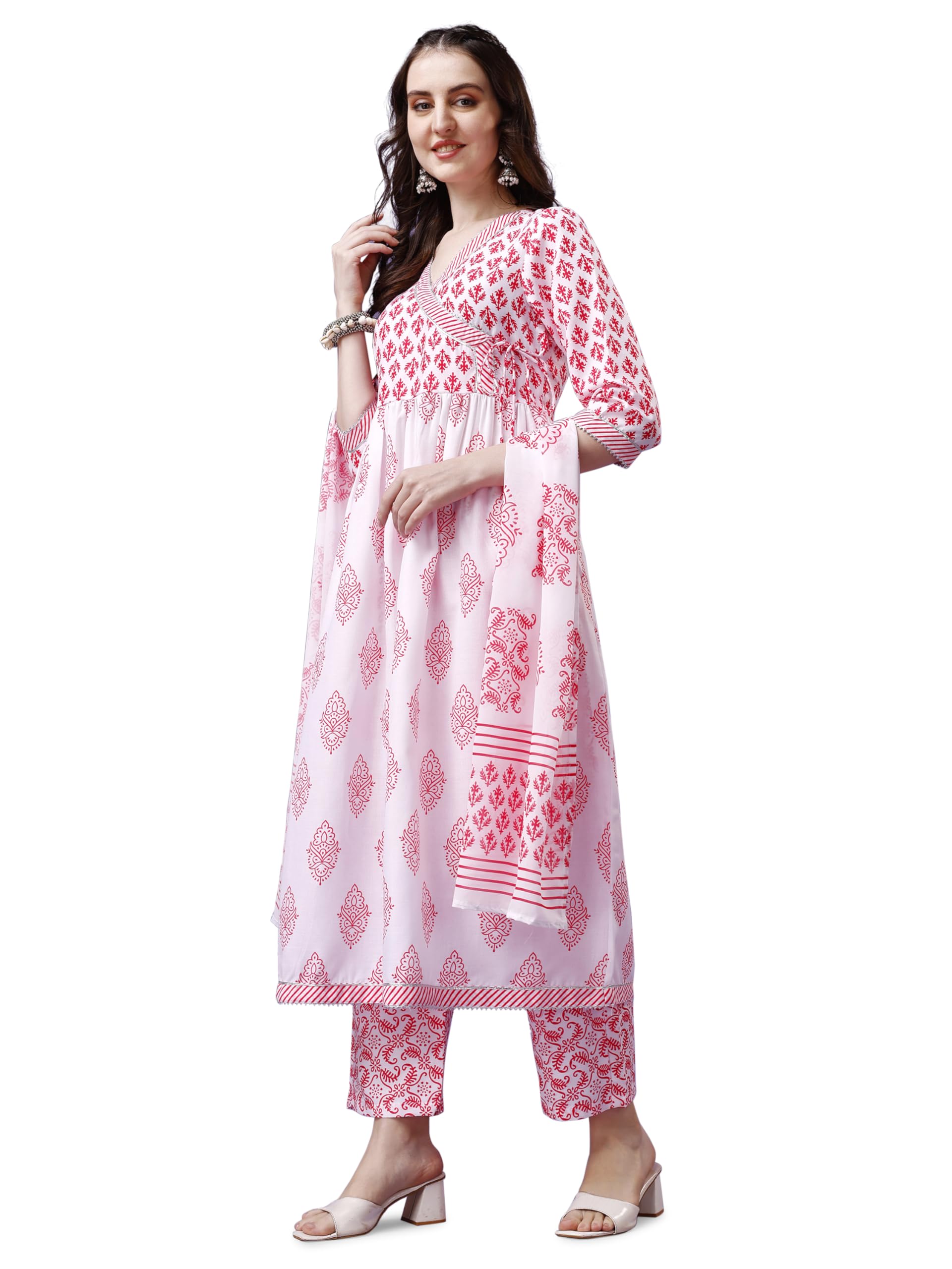 Yashika Women's Printed Cotton Blend Flared White & Pink Color Angrakha Style Lace Kurta Palazzo Set with Dupatta||AZ-YS-P1-KS20