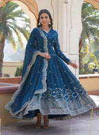 Fashion Basket Turquoise Georgette With Sequins Embroidery Anarkali Kurta Set For Women