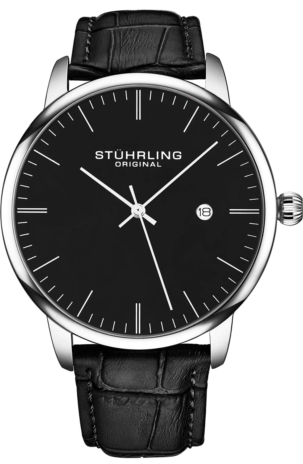 Stuhrling Original Mens Black Watch Calfskin Leather Strap Classic Dress Wrist Watch Minimalist Analog Watch Dial with Date Mens
