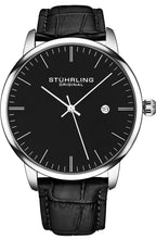 Stuhrling Original Mens Black Watch Calfskin Leather Strap Classic Dress Wrist Watch Minimalist Analog Watch Dial with Date Mens