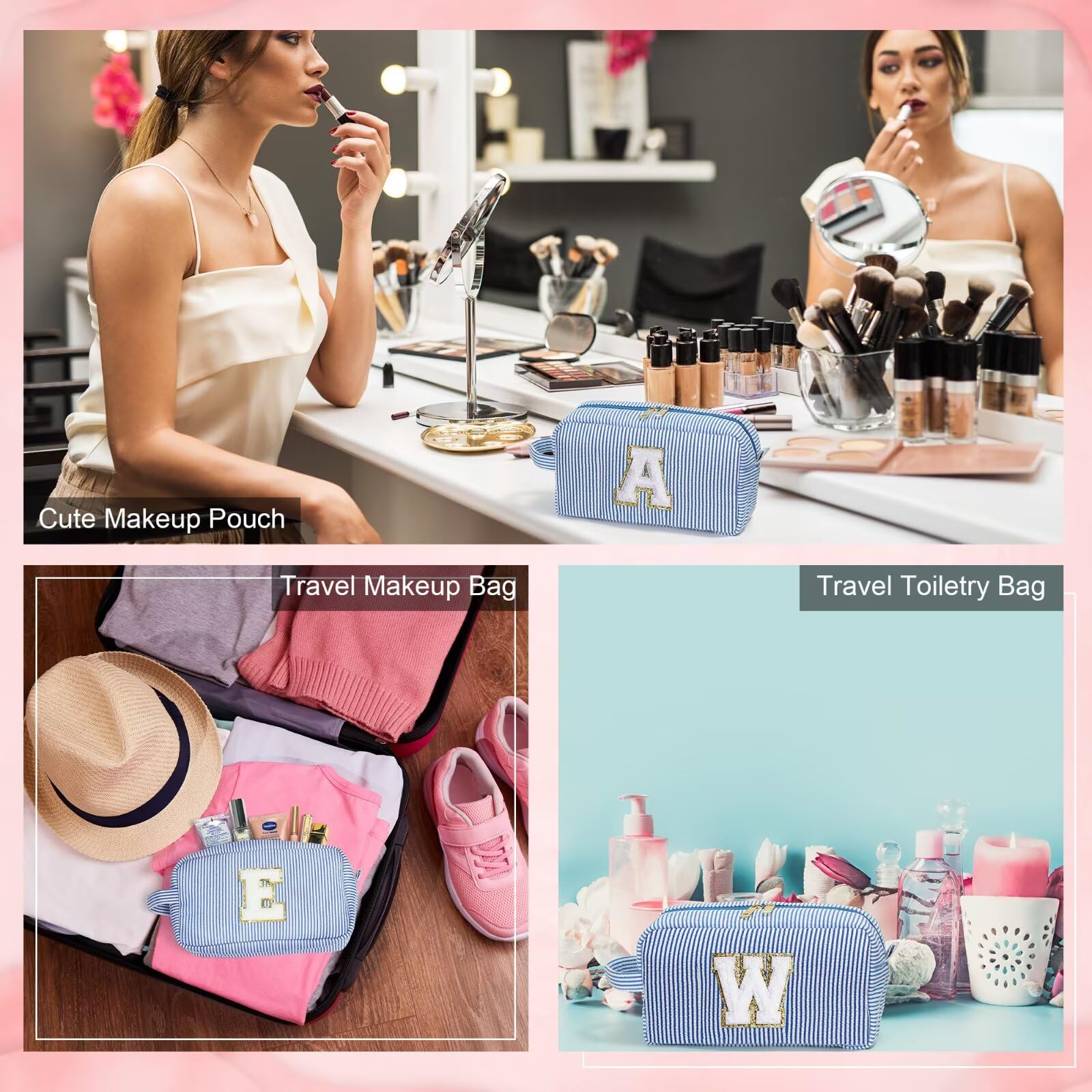 YOOLIFE Travel Makeup Bag for Women - Cute Initial Blue Makeup Bags Cosmetic Toiletry Pouch Make Up Case for Women Her Best Frie
