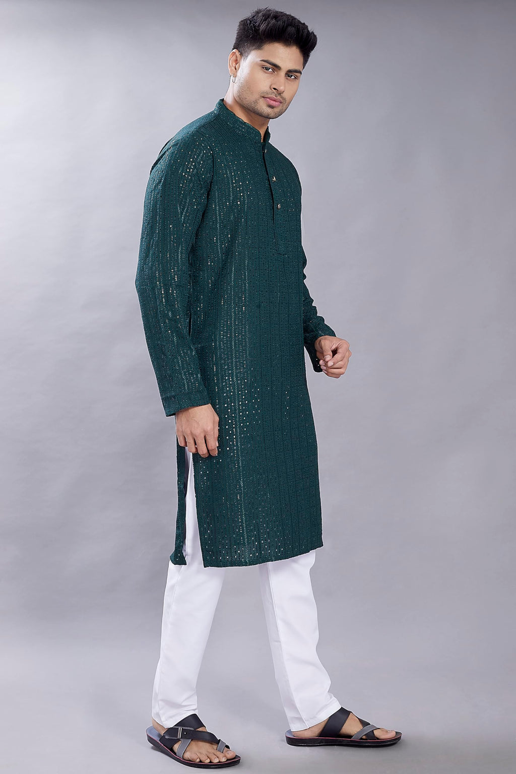 Divisive MenS Embroidered Cotton Blend Only Slim Fit Kurta (Dkrt384_L_Dark Green)