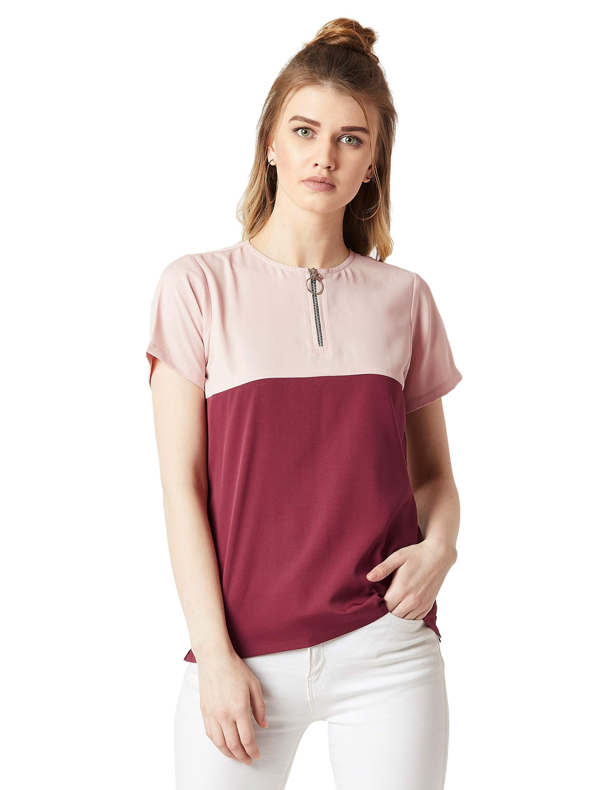 Miss Chase WomenS Maroon And Pink Boxy Colour-Block Basic Top(Mcss19Tp12-06-200-05,Blush Pink And Maroon,Large)