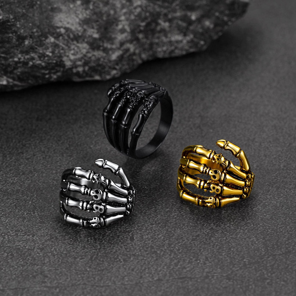 Men Black Pinky Rings Retro Skull Hand Gothic Jewelry Perfect Halloween Party Gift