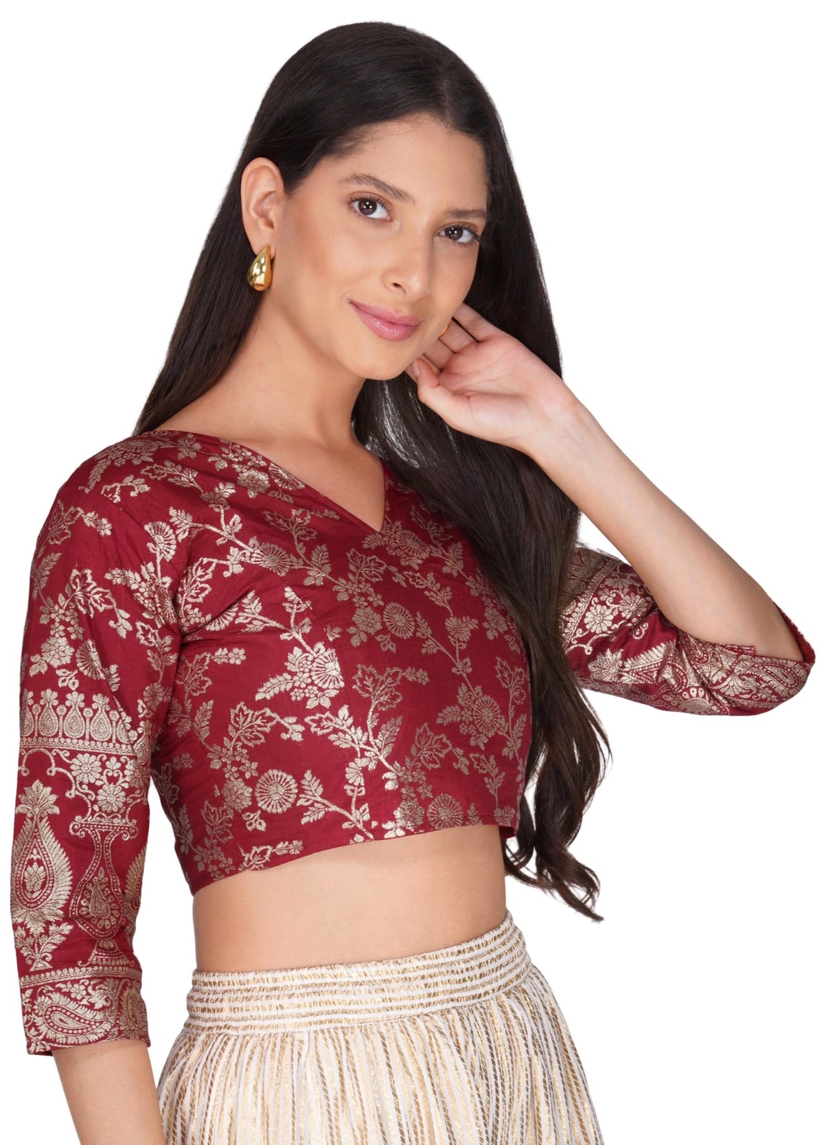 Fressia Fabrics WomenS Dola Silk Banarsi V Neck Readymade Saree Blouse (Maroon, 34) 34